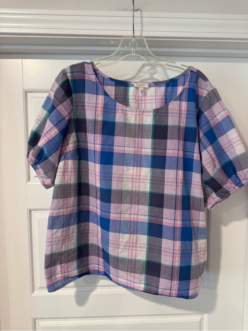 Talbots Blue, Pink and Gray Plaid Short-Sleeve Blouse